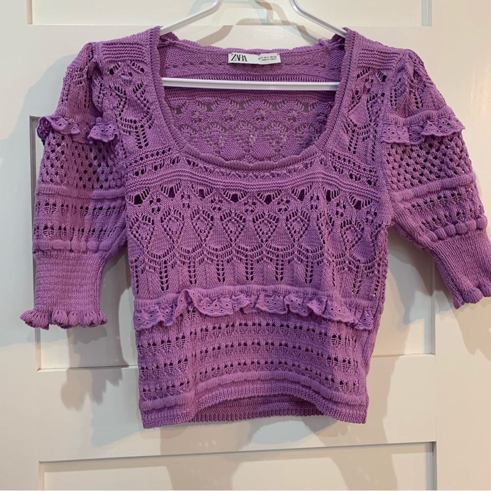 zara pointelle crochet/knit-style top